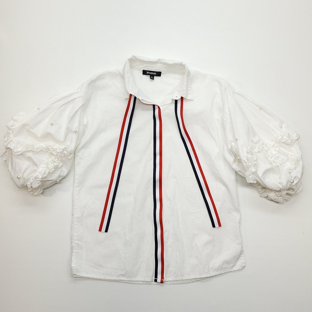 Vintage Blouse Women M Puff Ruffle Sleeve Pearl Ribbon Cotton July‎ 4th Pageant